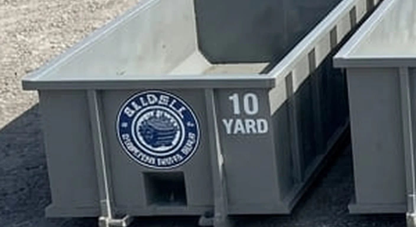 10 Yard Dumpster Rental in Slidell, LA A Slidell Dumpster Rental Group 10 yard roll-off dumpster, part of a five-container size lineup with the size printed on the side