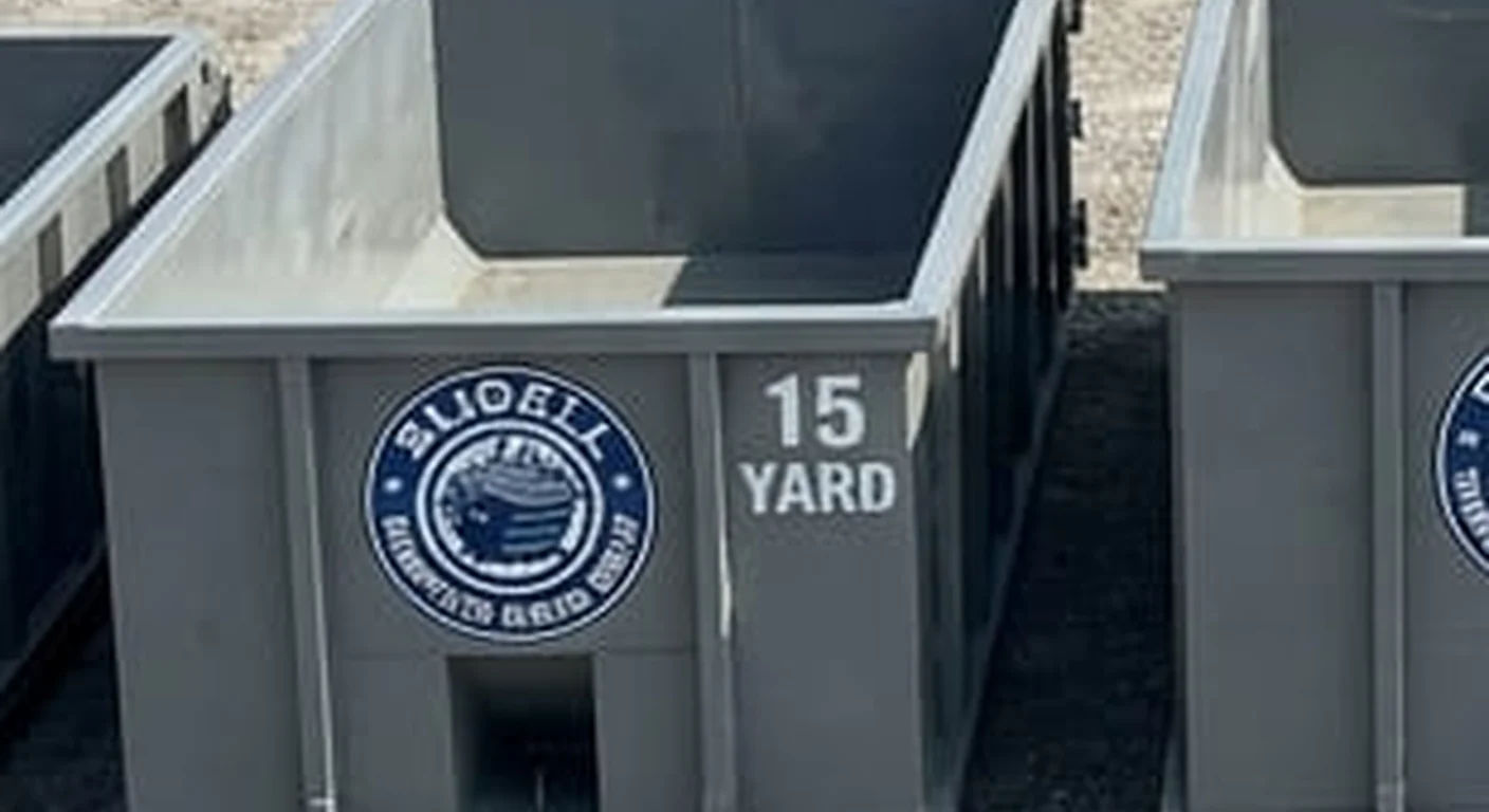 15 Yard Dumpster Rental in Slidell, LA A Slidell Dumpster Rental Group 15 yard roll-off dumpster, part of a five-container size lineup with the size printed on the side