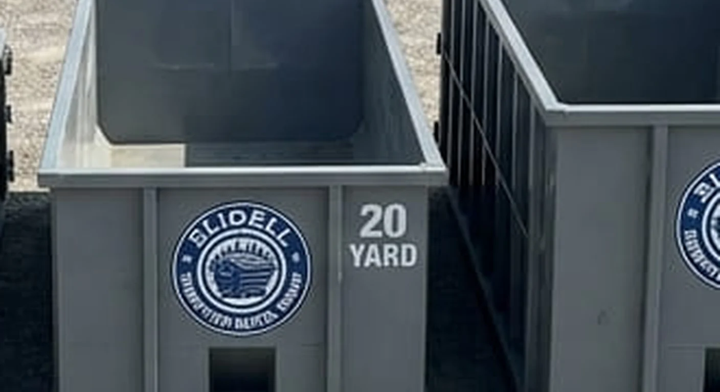 20 Yard Dumpster Rental in Slidell, LA A Slidell Dumpster Rental Group 20 yard roll-off dumpster, part of a five-container size lineup with the size printed on the side