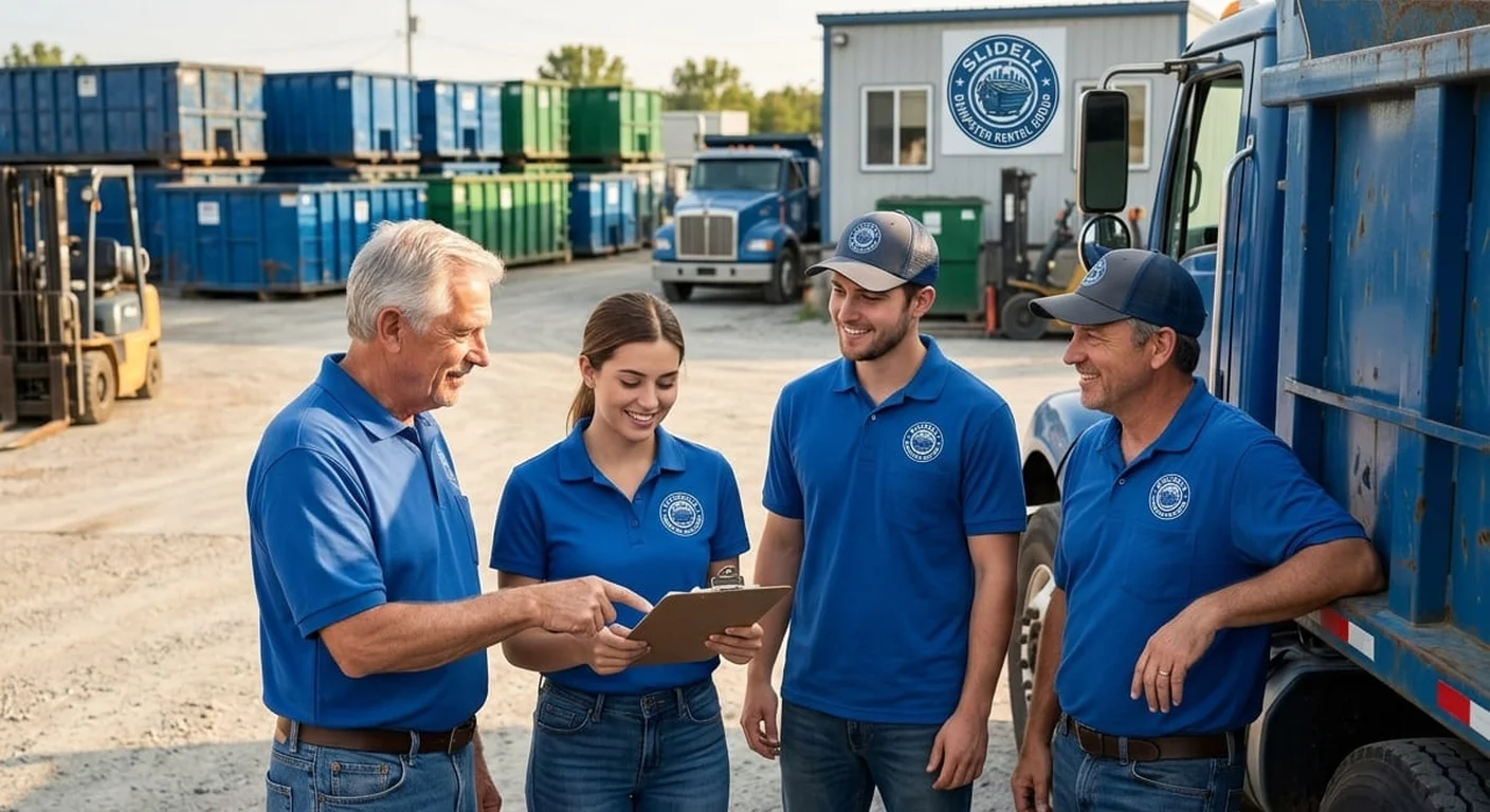 Commercial Dumpster Rental in Slidell, LA Slidell Dumpster Rental Group crew members talking beside dumpsters and trucks staged in the company yard