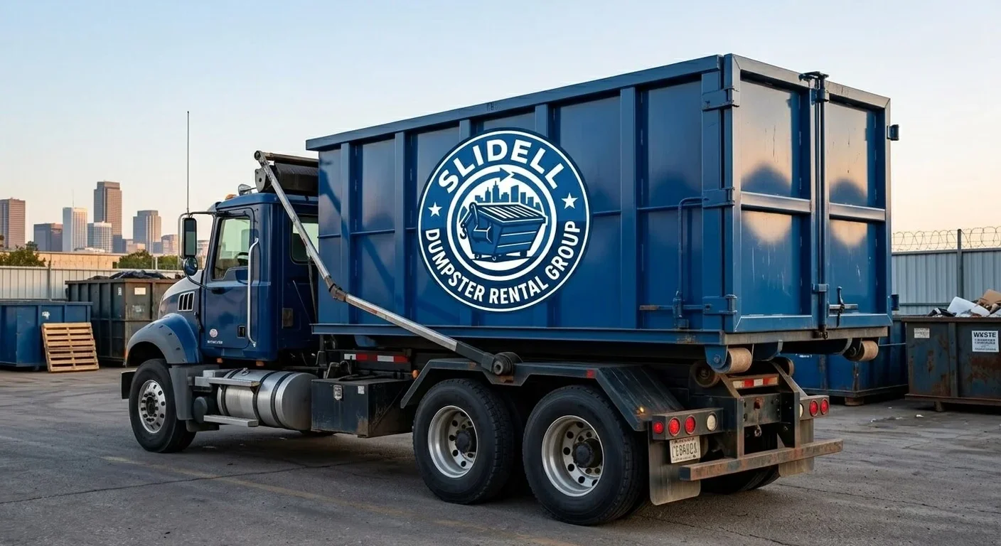 Slidell Dumpster Rental Group containers and delivery trucks staged at the company yard, brand mural on the building behind them