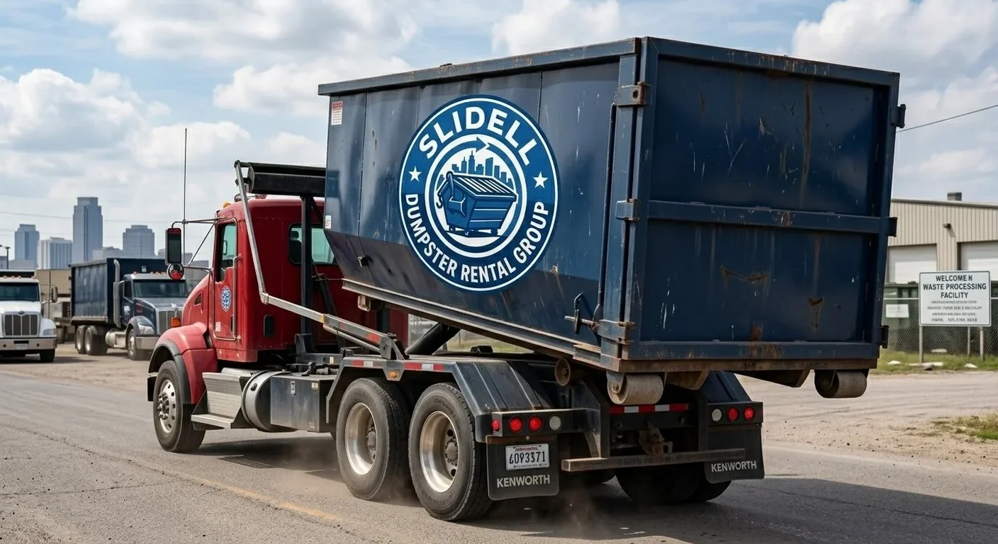 Construction dumpster rental in Abita Springs, LA A Slidell Dumpster Rental Group roll-off dumpster delivered to an active construction site in Abita Springs, LA