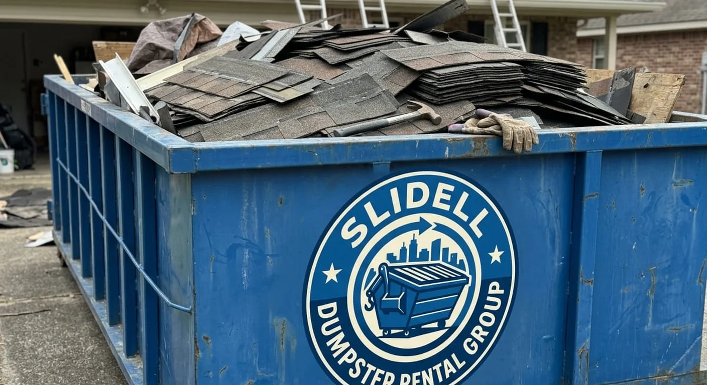 A Slidell Dumpster Rental Group dumpster filled with real roofing tear-off debris on a residential driveway, ladders against the roof behind it