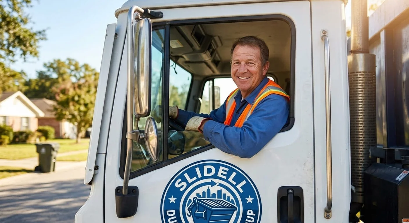 A Slidell Dumpster Rental Group driver smiling from the cab of a delivery truck, ready for a delivery run