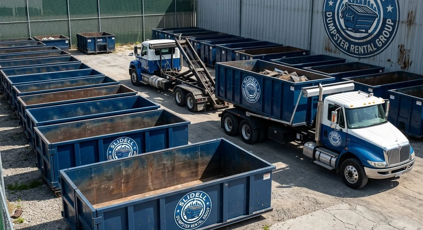 Our Dumpster Rental Fleet - Slidell, LA Rows of Slidell Dumpster Rental Group containers and delivery trucks staged in the company yard