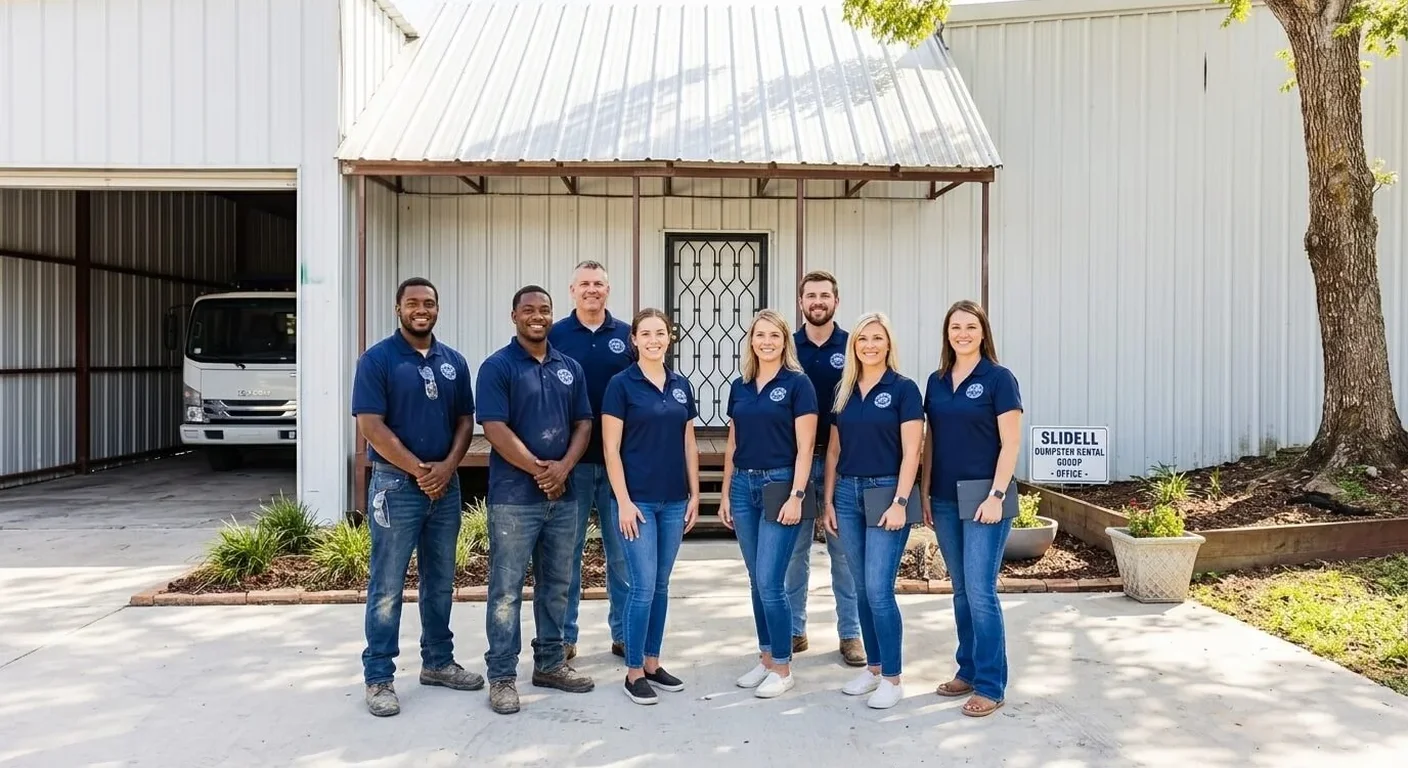 The Slidell Dumpster Rental Group team standing together outside the company office, beside the branded fleet