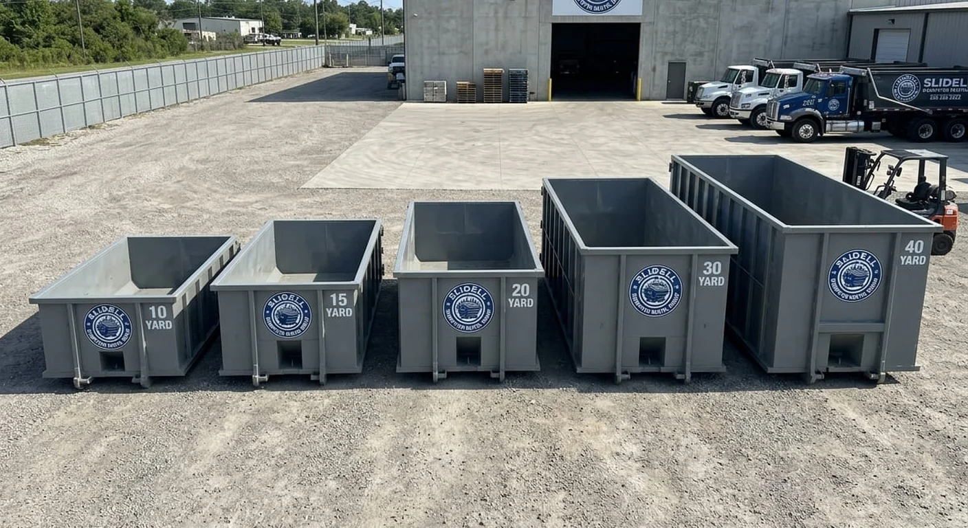 Dumpster Sizes Side by Side - Slidell Dumpster Rental Group Five Slidell Dumpster Rental Group roll-off dumpsters lined up side by side in the company yard, from 10 yard to 40 yard, each size printed on the container