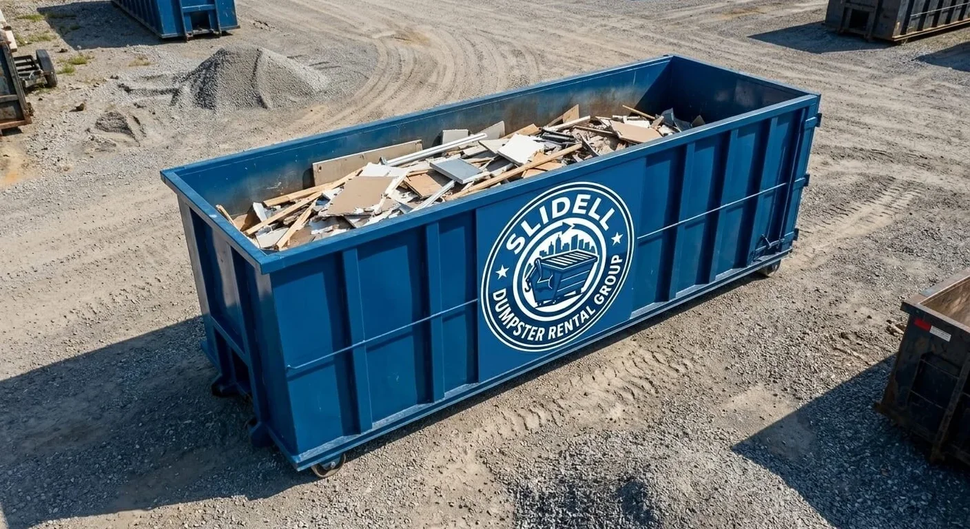 A Slidell Dumpster Rental Group roll-off dumpster loaded with mixed cleanout debris, staged for pickup