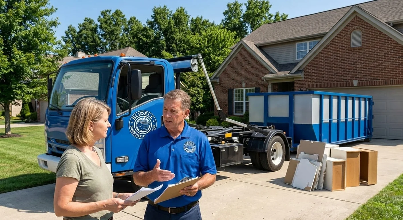 Junk Removal Dumpster Rental in Slidell, LA A Slidell Dumpster Rental Group driver going over a work order with a homeowner beside a delivered dumpster during a junk-removal project
