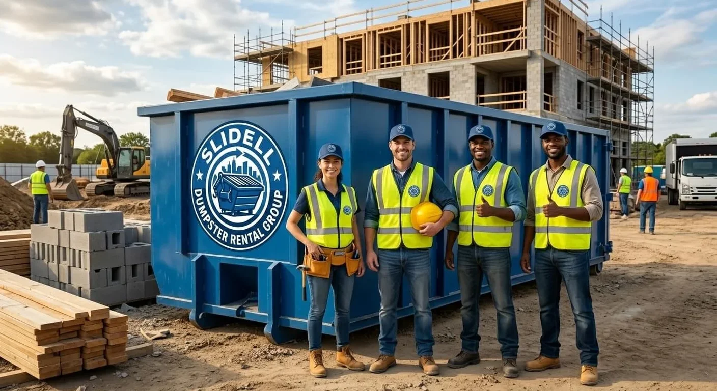 Four Slidell Dumpster Rental Group crew members in hi-vis vests beside a loaded roll-off dumpster at a mid-rise construction site