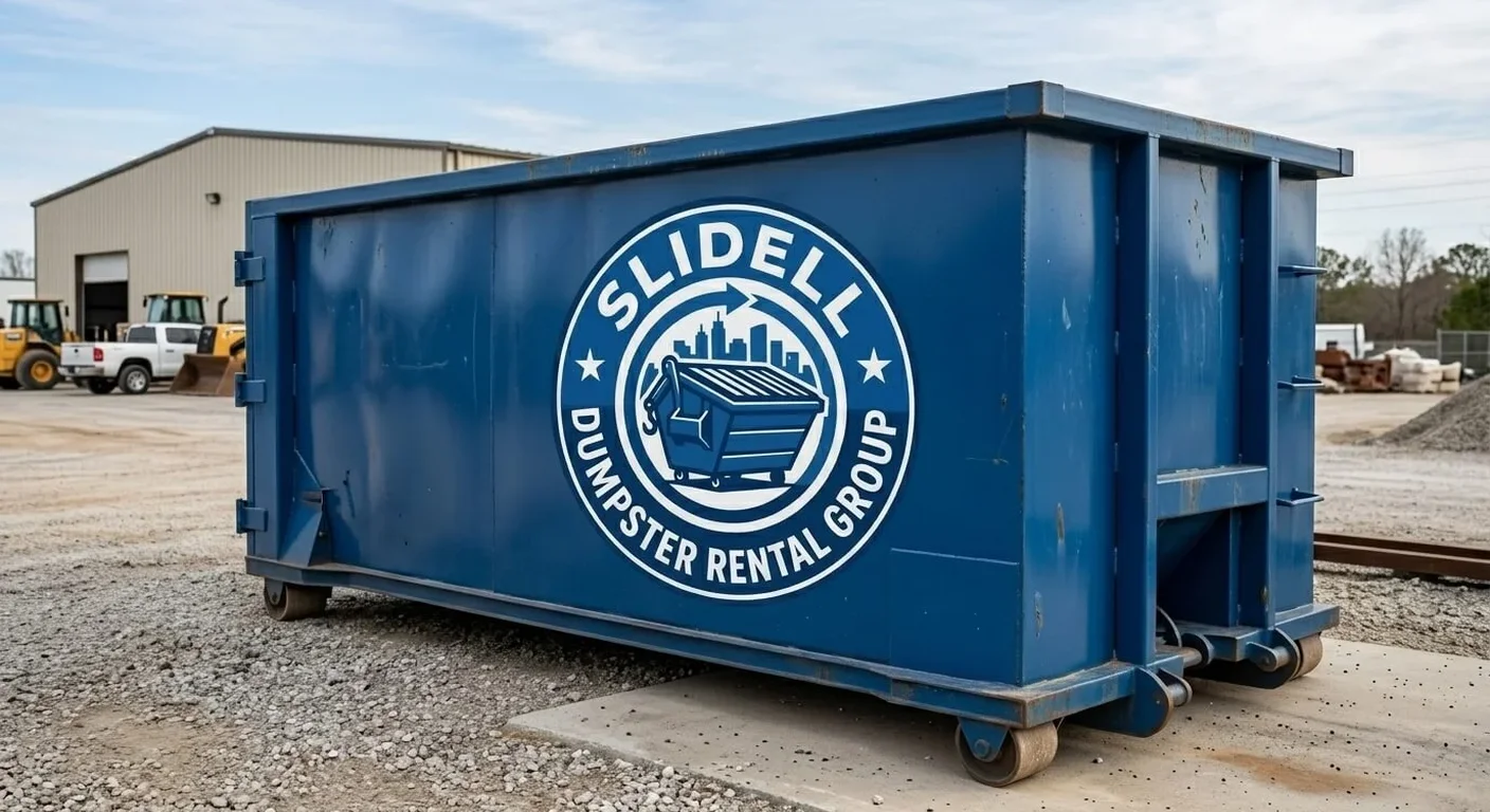 A Slidell Dumpster Rental Group dumpster delivered to a residential driveway in Eden Isles, LA for a home cleanout project
