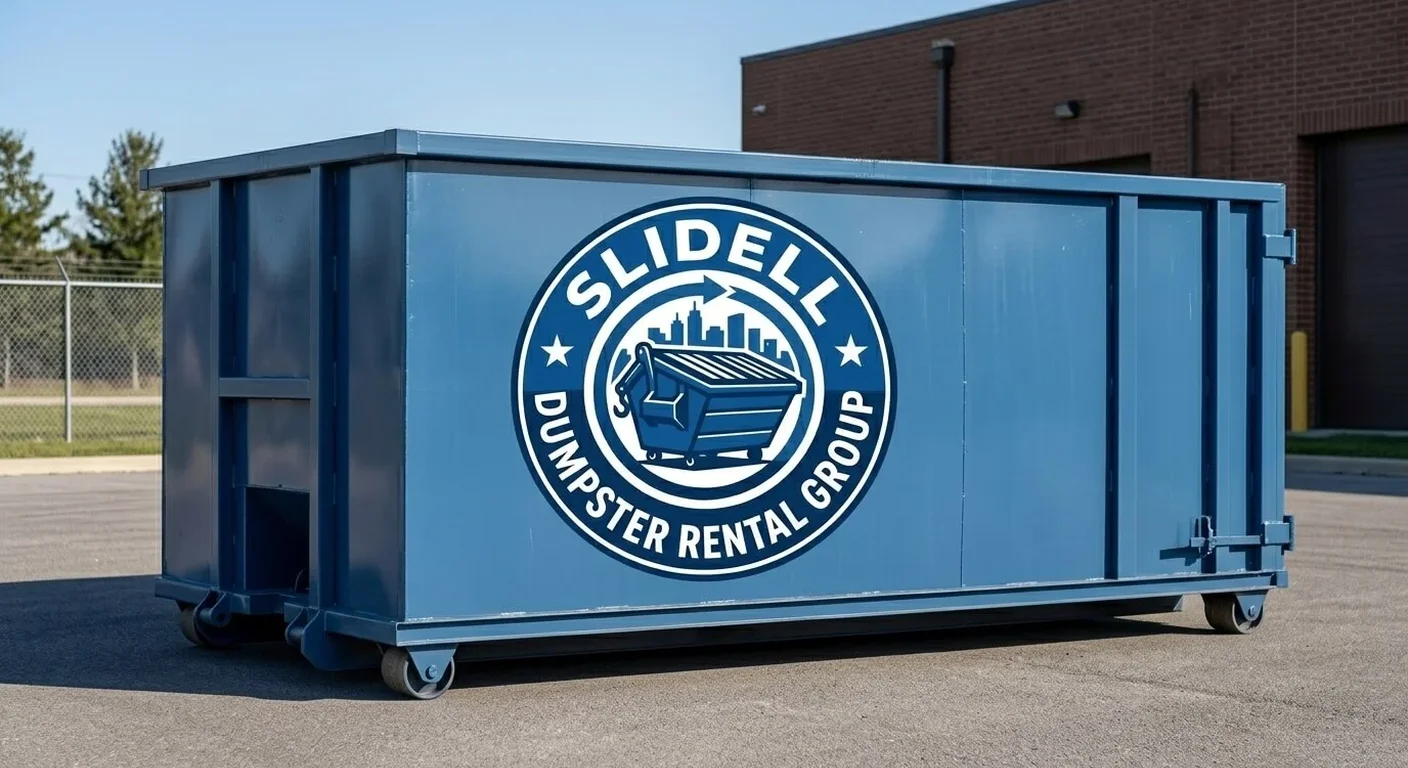 A Slidell Dumpster Rental Group blue roll-off container staged in the company yard, brand decal on the side