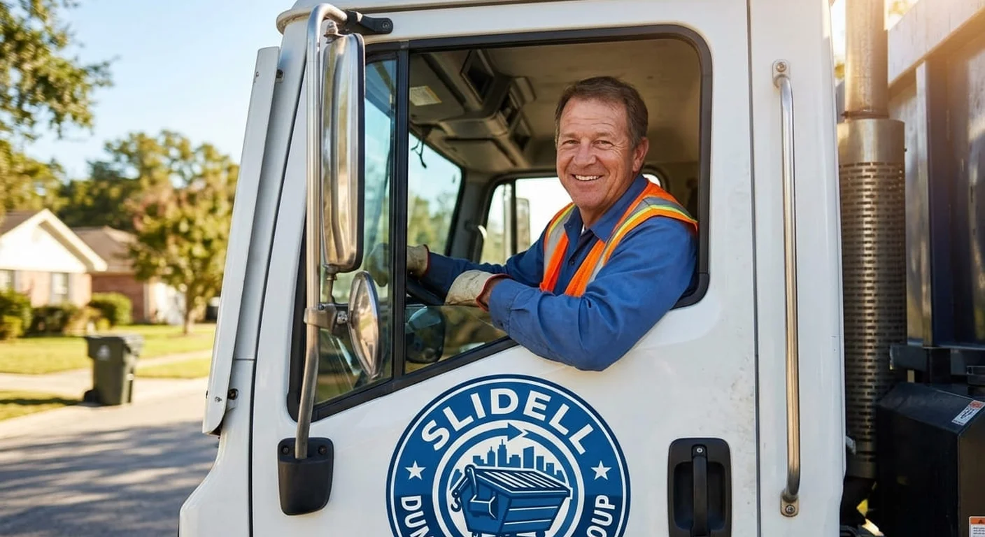 A Slidell Dumpster Rental Group driver smiling from the cab of a delivery truck, ready to head out for a same-day delivery