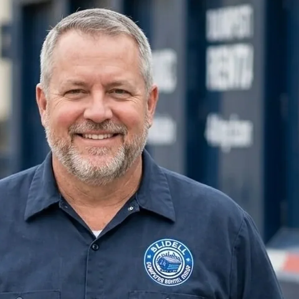 Founder & CEO The Founder & CEO of Slidell Dumpster Rental Group, standing in front of a branded delivery truck