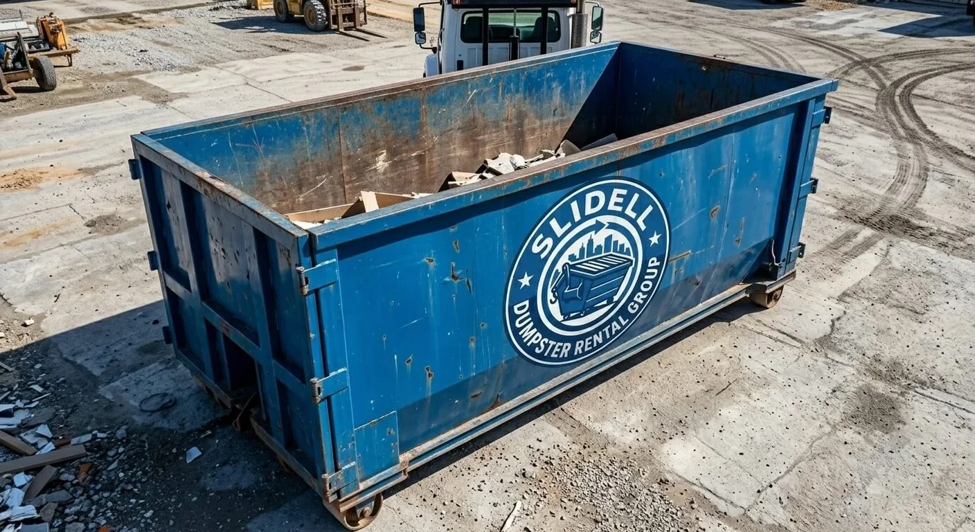 A Slidell Dumpster Rental Group roll-off dumpster staged in the company yard, ready for a yard-waste and storm-debris cleanup